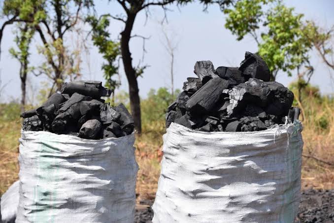 Sacks of charcoal stacked at a roadside market