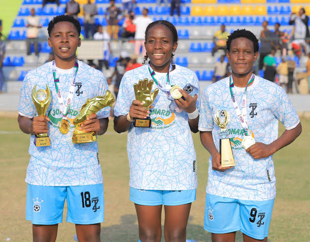 A women's football team celebrating with a trophy